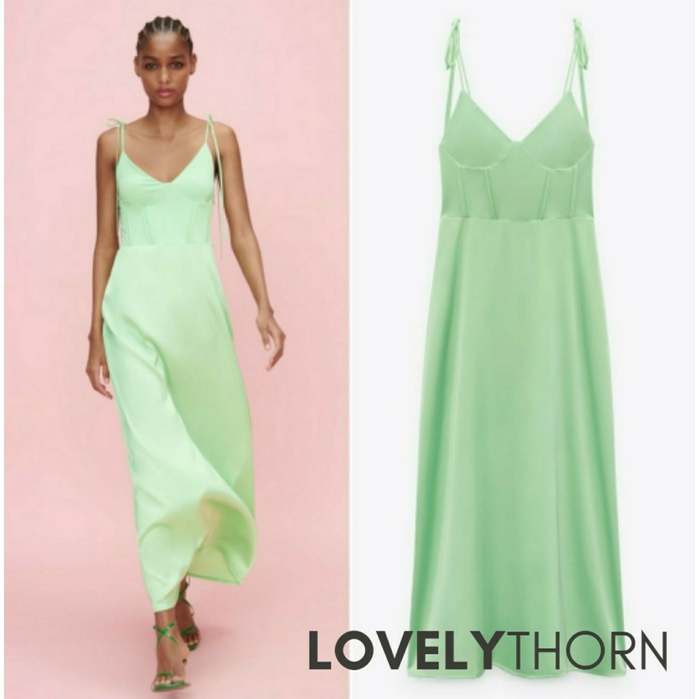 ZARA // key lime long satin bustier maxi dress